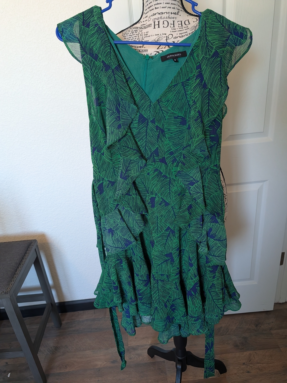 Olivaceous Blue & Green Tropical Leaf Print Ruffle Dress - Size M